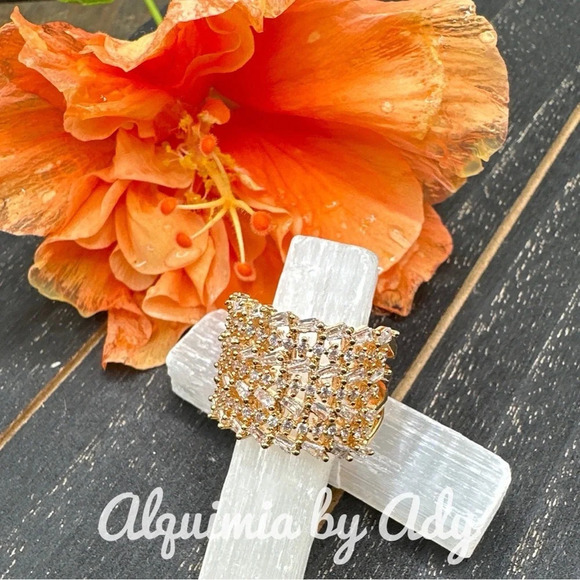 Gold/zirconia pave diamond style chunky lux ring band maximalist adjustable cuff - Picture 2 of 8